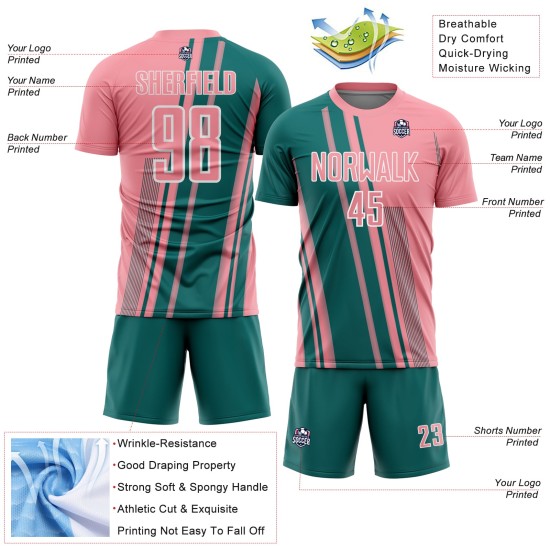 Sublimation Lines Medium Sports Teal-White Uniform Pink Jersey Custom Soccer Sublimation Lines Medium Sports Teal-White Uniform Pink Jersey Custom Soccer