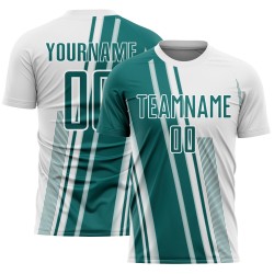 Teal Lines White Sublimation Uniform Soccer Sports Jersey Custom
