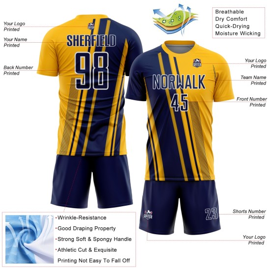 Jersey Uniform Lines Custom Soccer Gold Navy-White Sports Sublimation