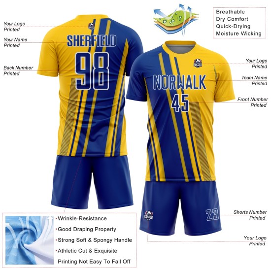 Jersey Sports Royal-White Custom Sublimation Uniform Soccer Lines Yellow