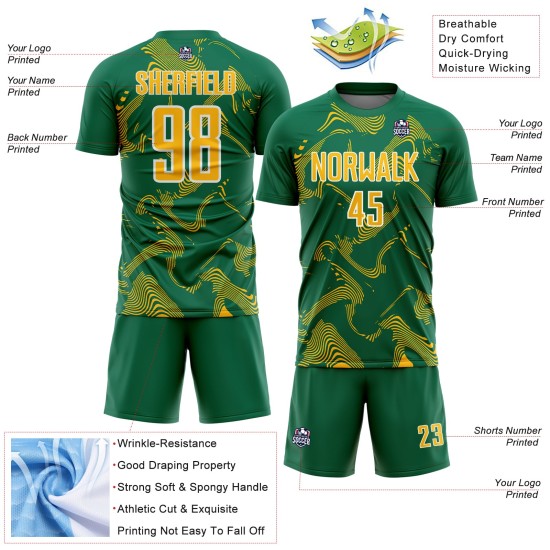 Curve Sublimation Kelly Green Gold-White Jersey Custom Uniform Lines Sports Soccer