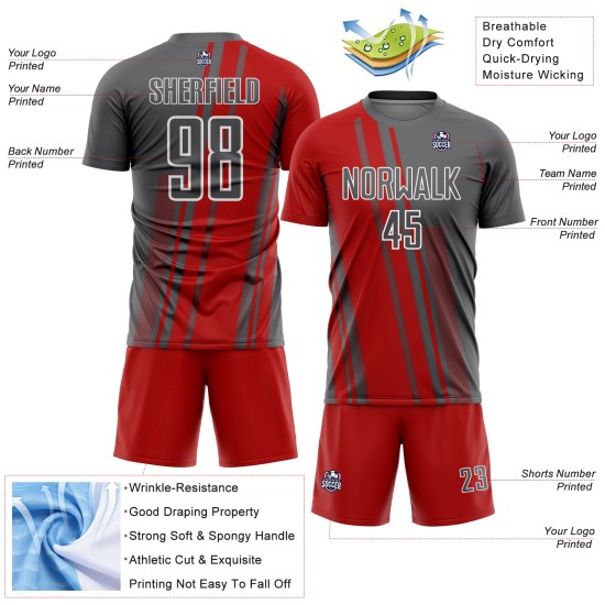 Uniform Custom Jersey Gray Sublimation Soccer Steel Red-White Lines Sports Uniform Custom Jersey Gray Sublimation Soccer Steel Red-White Lines Sports