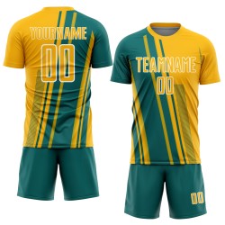 Teal-White Sports Soccer Uniform Sublimation Lines Gold Jersey Custom