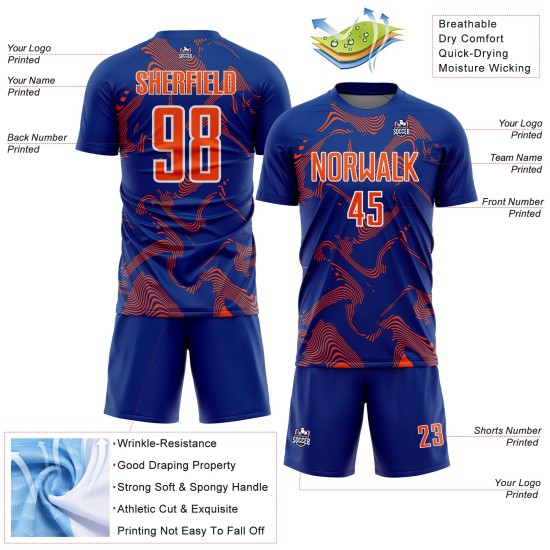 Custom Sports Soccer Orange-White Jersey Uniform Curve Royal Sublimation Lines Custom Sports Soccer Orange-White Jersey Uniform Curve Royal Sublimation Lines
