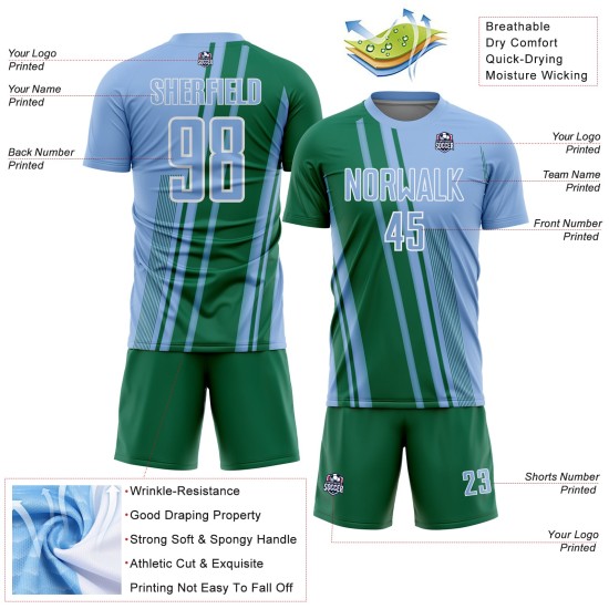 Soccer Kelly Blue Lines Green-White Light Sports Jersey Custom Sublimation Uniform Soccer Kelly Blue Lines Green-White Light Sports Jersey Custom Sublimation Uniform