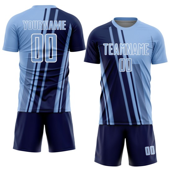 Custom Light Blue Sports Uniform Jersey Soccer Lines Navy-White Sublimation Custom Light Blue Sports Uniform Jersey Soccer Lines Navy-White Sublimation