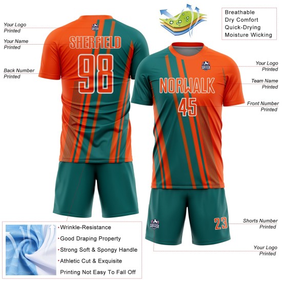 Soccer Custom Lines Jersey Sublimation Teal-White Uniform Sports Orange Soccer Custom Lines Jersey Sublimation Teal-White Uniform Sports Orange