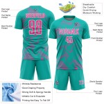 Custom Uniform Aqua Sublimation Curve Lines Jersey Pink-White Soccer Sports