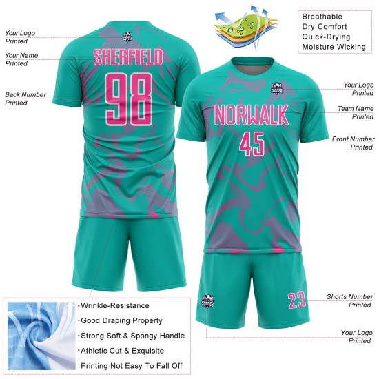 Custom Uniform Aqua Sublimation Curve Lines Jersey Pink-White Soccer Sports