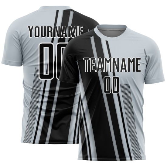 Black-White Sublimation Custom Lines Silver Sports Jersey Uniform Soccer Black-White Sublimation Custom Lines Silver Sports Jersey Uniform Soccer