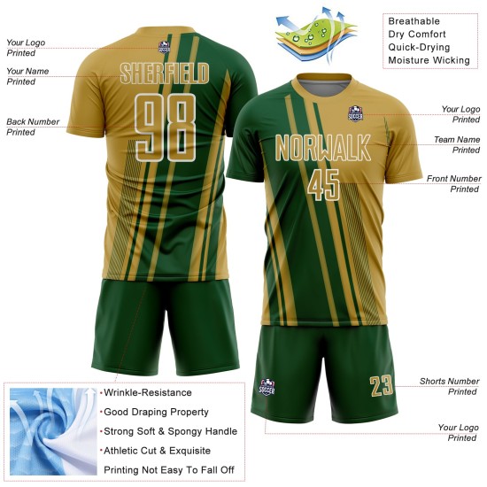 Jersey Uniform Soccer Custom Green-White Old Gold Lines Sublimation Sports Jersey Uniform Soccer Custom Green-White Old Gold Lines Sublimation Sports