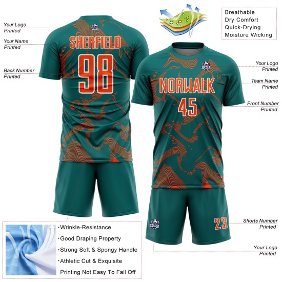 Orange-White Sublimation Sports Curve Lines Custom Jersey Teal Uniform Soccer Orange-White Sublimation Sports Curve Lines Custom Jersey Teal Uniform Soccer