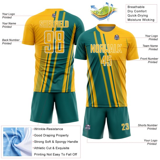 Teal-White Sports Soccer Uniform Sublimation Lines Gold Jersey Custom Teal-White Sports Soccer Uniform Sublimation Lines Gold Jersey Custom
