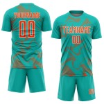 Soccer Uniform Sublimation Aqua Orange-White Lines Curve Custom Sports Jersey Soccer Uniform Sublimation Aqua Orange-White Lines Curve Custom Sports Jersey