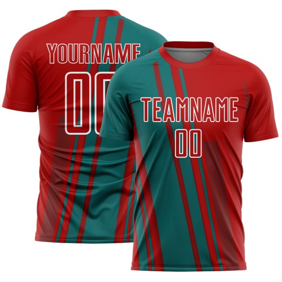 Teal-White Custom Lines Jersey Sublimation Sports Red Uniform Soccer Teal-White Custom Lines Jersey Sublimation Sports Red Uniform Soccer