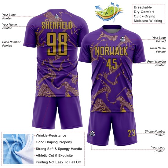 Gold-Black Sports Uniform Old Curve Purple Soccer Jersey Sublimation Lines Custom