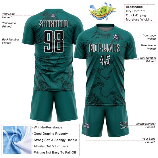 Sports Custom Jersey Curve Soccer Teal Lines Uniform Sublimation Black-White Sports Custom Jersey Curve Soccer Teal Lines Uniform Sublimation Black-White