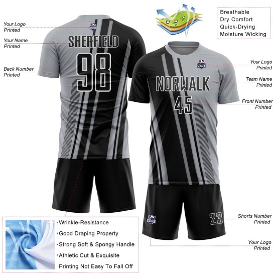 Soccer Black-White Uniform Gray Jersey Sports Lines Custom Sublimation Soccer Black-White Uniform Gray Jersey Sports Lines Custom Sublimation