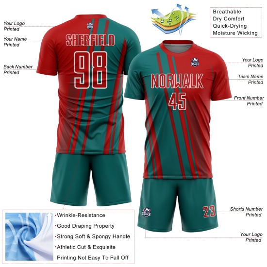 Teal-White Custom Lines Jersey Sublimation Sports Red Uniform Soccer Teal-White Custom Lines Jersey Sublimation Sports Red Uniform Soccer