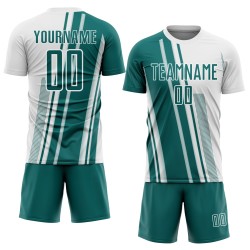 Teal Lines White Sublimation Uniform Soccer Sports Jersey Custom