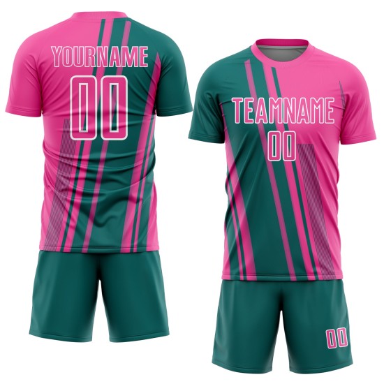 Soccer Custom Jersey Sports Sublimation Teal-White Pink Lines Uniform Soccer Custom Jersey Sports Sublimation Teal-White Pink Lines Uniform