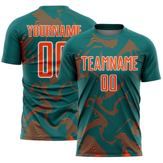 Orange-White Sublimation Sports Curve Lines Custom Jersey Teal Uniform Soccer Orange-White Sublimation Sports Curve Lines Custom Jersey Teal Uniform Soccer
