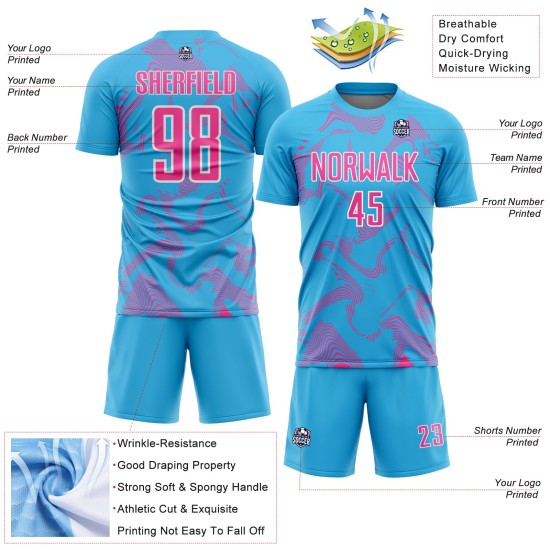 Soccer Custom Curve Uniform Sublimation Sports Lines Sky Blue Pink-White Jersey Soccer Custom Curve Uniform Sublimation Sports Lines Sky Blue Pink-White Jersey