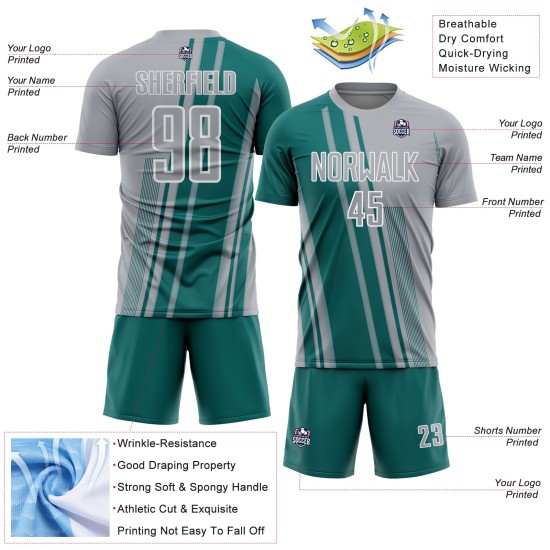 Lines Gray Custom Sports Soccer Teal-White Sublimation Uniform Jersey