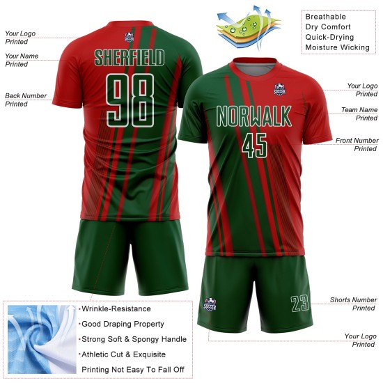 Soccer Jersey Custom Uniform Sublimation Green-White Red Sports Lines Soccer Jersey Custom Uniform Sublimation Green-White Red Sports Lines