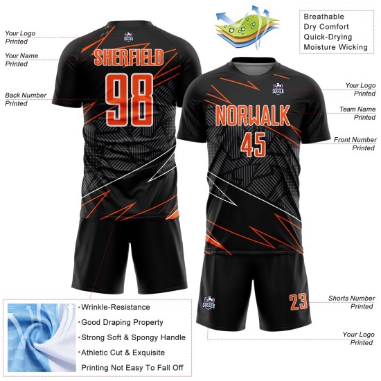 Jersey Uniform Black Sports Custom Sublimation Soccer Lines Orange-White