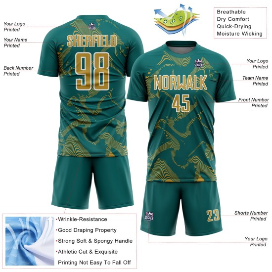 Old Lines Soccer Custom Sports Teal Jersey Sublimation Gold-White Curve Uniform Old Lines Soccer Custom Sports Teal Jersey Sublimation Gold-White Curve Uniform