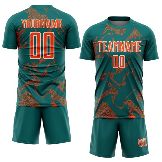 Orange-White Sublimation Sports Curve Lines Custom Jersey Teal Uniform Soccer Orange-White Sublimation Sports Curve Lines Custom Jersey Teal Uniform Soccer