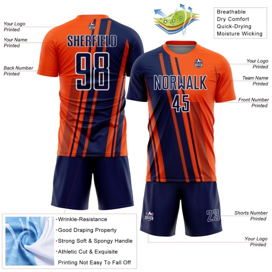 Sublimation Orange Lines Uniform Soccer Custom Sports Jersey Navy-White Sublimation Orange Lines Uniform Soccer Custom Sports Jersey Navy-White