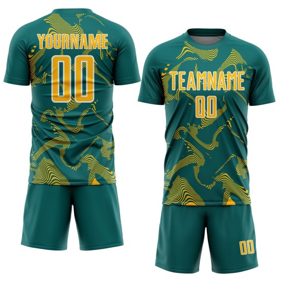 Curve Gold-White Teal Uniform Custom Lines Sublimation Sports Soccer Jersey