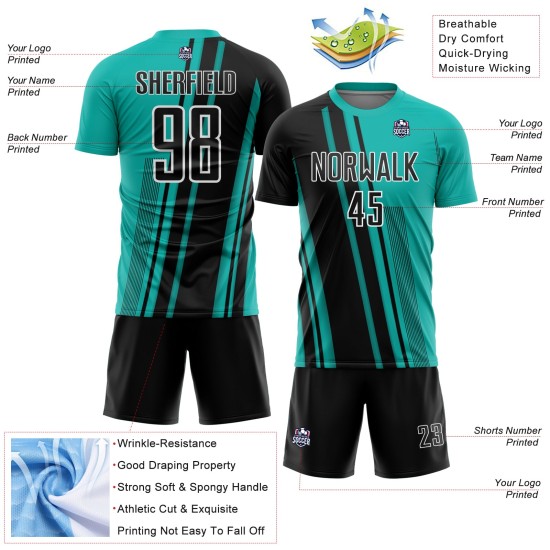 Black-White Aqua Uniform Lines Soccer Sports Jersey Custom Sublimation Black-White Aqua Uniform Lines Soccer Sports Jersey Custom Sublimation