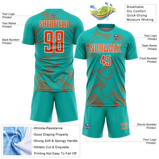 Soccer Uniform Sublimation Aqua Orange-White Lines Curve Custom Sports Jersey Soccer Uniform Sublimation Aqua Orange-White Lines Curve Custom Sports Jersey