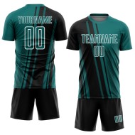 Custom Sports Soccer Teal Lines Jersey Uniform Black-White Sublimation Custom Sports Soccer Teal Lines Jersey Uniform Black-White Sublimation