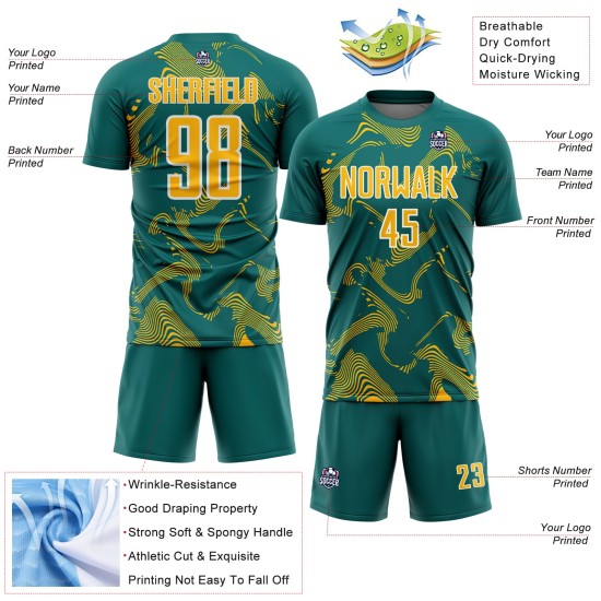 Curve Gold-White Teal Uniform Custom Lines Sublimation Sports Soccer Jersey