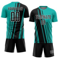 Black-White Aqua Uniform Lines Soccer Sports Jersey Custom Sublimation Black-White Aqua Uniform Lines Soccer Sports Jersey Custom Sublimation