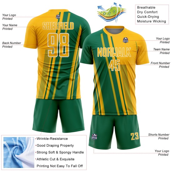 Gold Kelly Sports Soccer Sublimation Custom Uniform Lines Jersey Green-White Gold Kelly Sports Soccer Sublimation Custom Uniform Lines Jersey Green-White