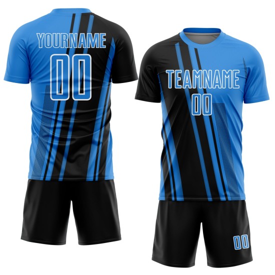 Sublimation Soccer Powder Jersey Custom Black-White Blue Lines Sports Uniform Sublimation Soccer Powder Jersey Custom Black-White Blue Lines Sports Uniform