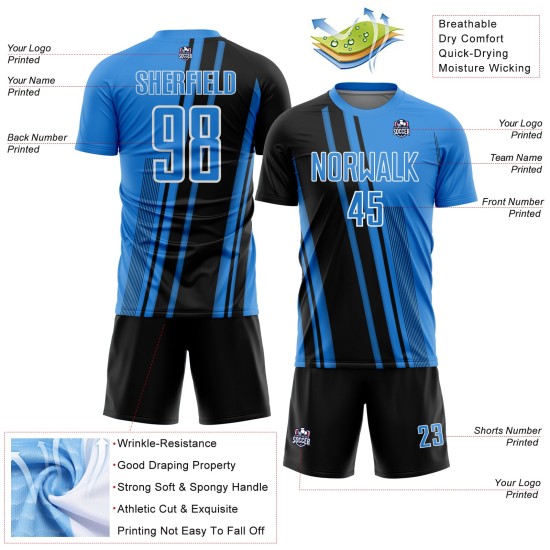 Sublimation Soccer Powder Jersey Custom Black-White Blue Lines Sports Uniform Sublimation Soccer Powder Jersey Custom Black-White Blue Lines Sports Uniform