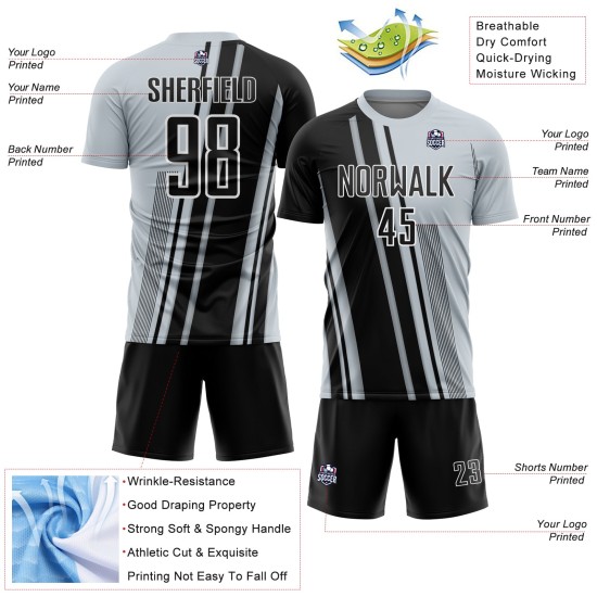 Black-White Sublimation Custom Lines Silver Sports Jersey Uniform Soccer Black-White Sublimation Custom Lines Silver Sports Jersey Uniform Soccer