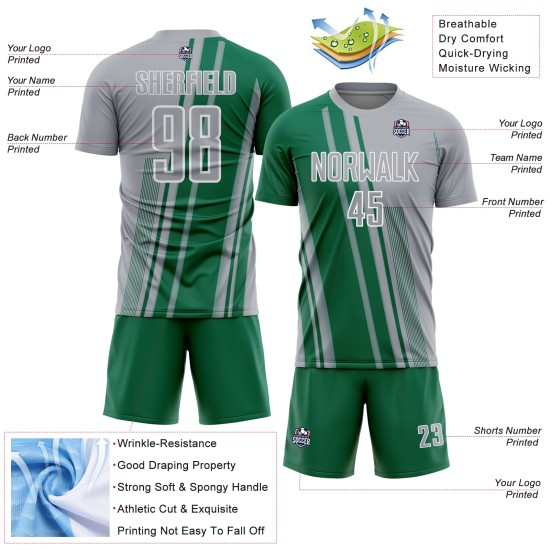 Custom Soccer Jersey Sports Uniform Kelly Green-White Gray Lines Sublimation Custom Soccer Jersey Sports Uniform Kelly Green-White Gray Lines Sublimation