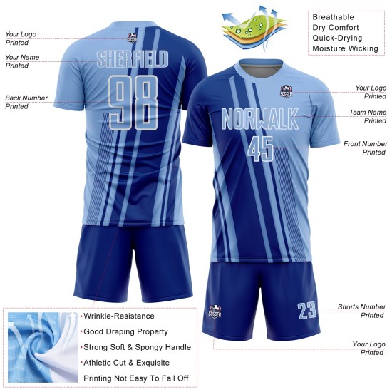 Soccer Jersey Blue Sports Uniform Light Royal-White Custom Lines Sublimation Soccer Jersey Blue Sports Uniform Light Royal-White Custom Lines Sublimation