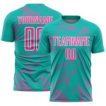 Custom Uniform Aqua Sublimation Curve Lines Jersey Pink-White Soccer Sports