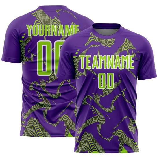 Custom Neon Green-White Purple Uniform Soccer Sports Curve Jersey Lines Sublimation