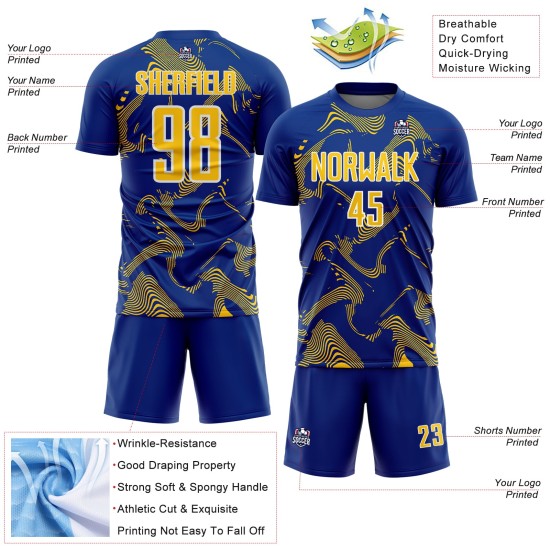 Uniform Royal Soccer Lines Curve Jersey Sublimation Yellow-White Sports Custom Uniform Royal Soccer Lines Curve Jersey Sublimation Yellow-White Sports Custom