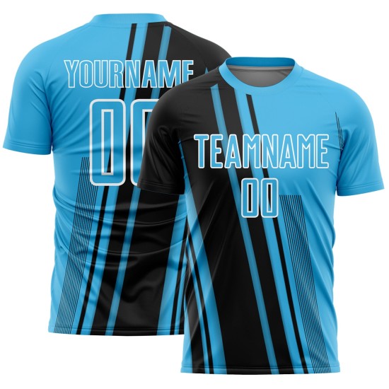Jersey Blue Soccer Sublimation Sky Lines Black-White Sports Custom Uniform