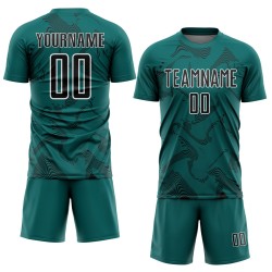 Sports Custom Jersey Curve Soccer Teal Lines Uniform Sublimation Black-White Sports Custom Jersey Curve Soccer Teal Lines Uniform Sublimation Black-White
